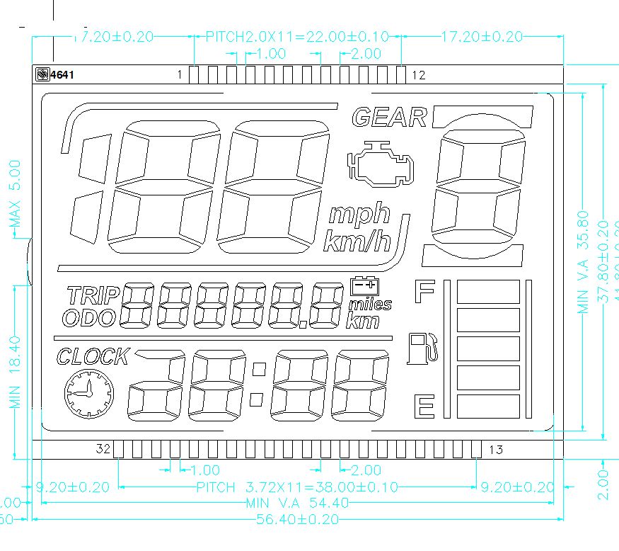 Tampilan LCD 7 Segmen Ukuran Kustom HTN untuk Layar Spedometer Sepeda Motor Produsen Modul LCD Spedometer Odometer