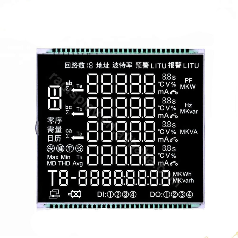 VA Segment Lcd Display Ukuran Kustom Lcd Dengan Matel Pins Menghubungkan Layar Lcd Hitam Latar Belakang Untuk Energy Meter