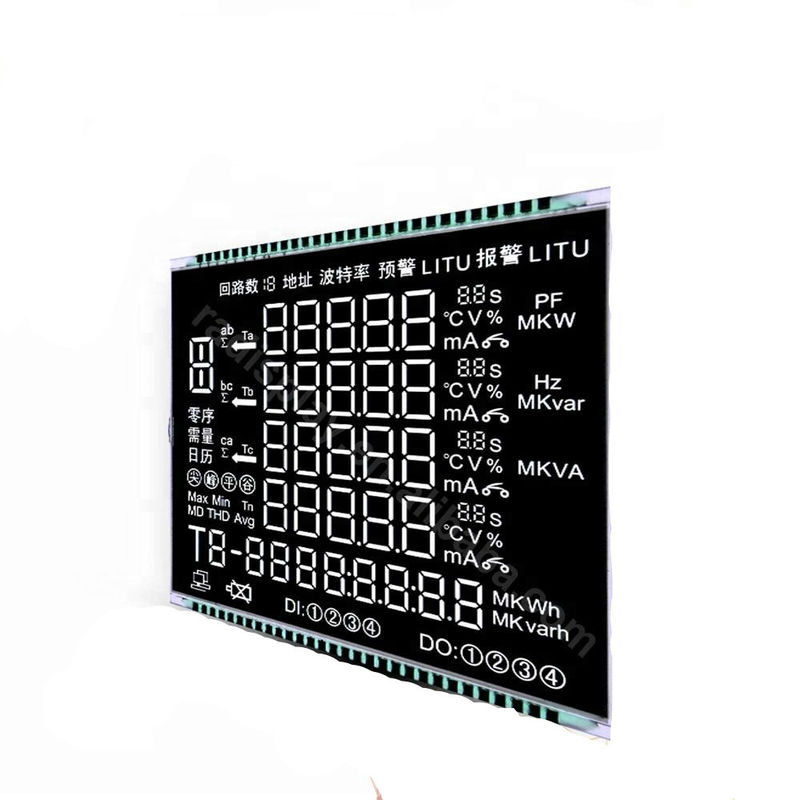 VA Segment Lcd Display Ukuran Kustom Lcd Dengan Matel Pins Menghubungkan Layar Lcd Hitam Latar Belakang Untuk Energy Meter